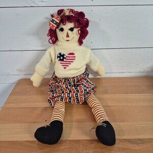 Vintage Raggedy Ann Sitting Doll With Patriotic Outfit Red Yarn Hair Doll 18"